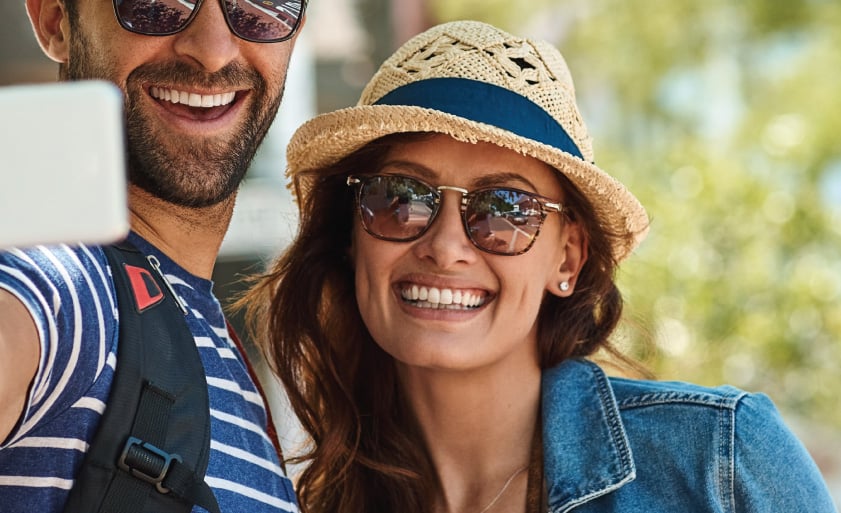 Couple, selfie and travel with portrait and smartphone photography, people and memory for social media smile. 