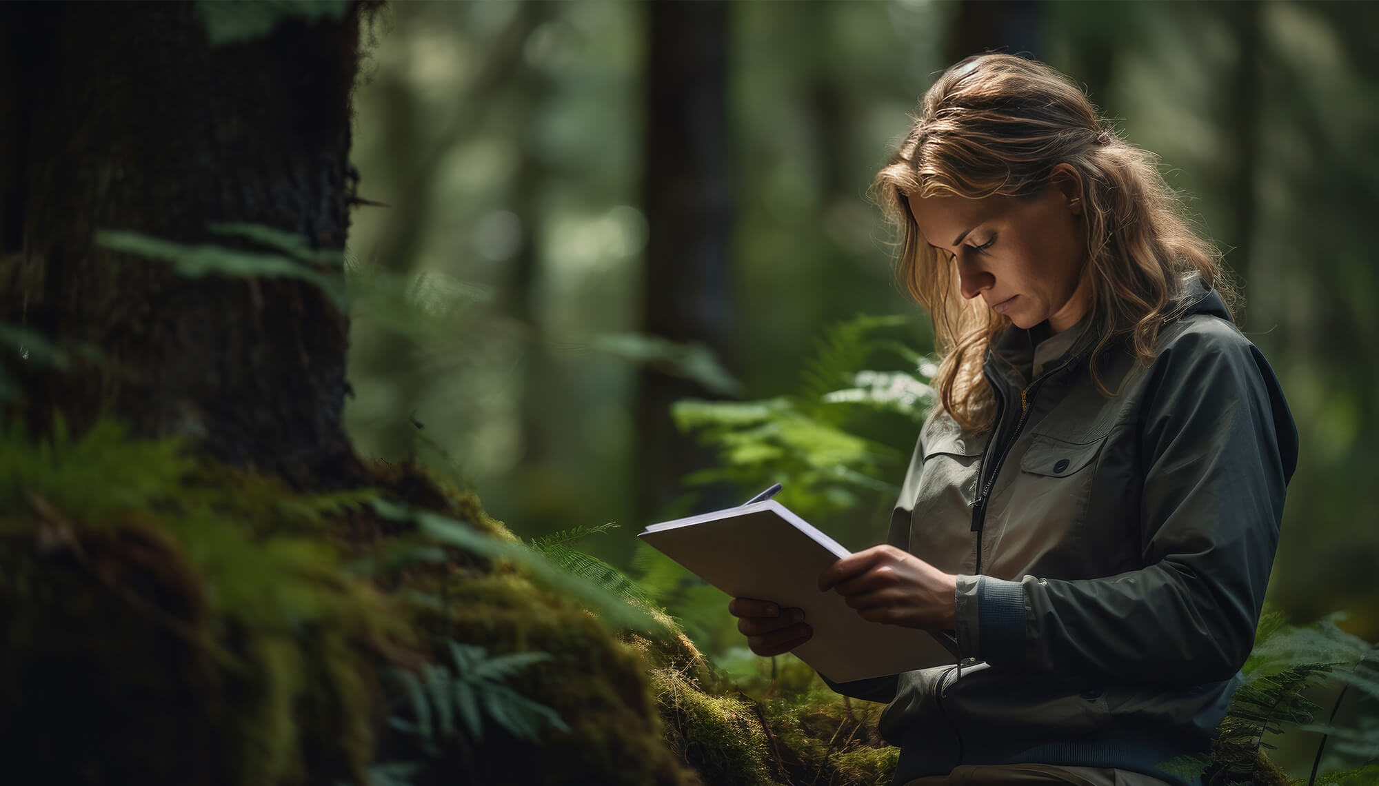 Woman looking at laptop in the forest