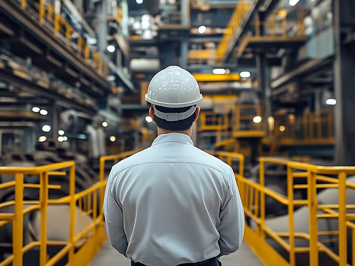 Risk Assessment consultant in button up shirt and white hardhat looking at an industrial facility with yellow railings 