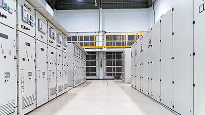 Switchgear electrical energy distribution at substation room, Relay protection system electrical panel, Medium voltage switchgear. Power plant.