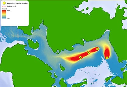colorful computer-generated model showing ship ballast water dispersion near a coastline